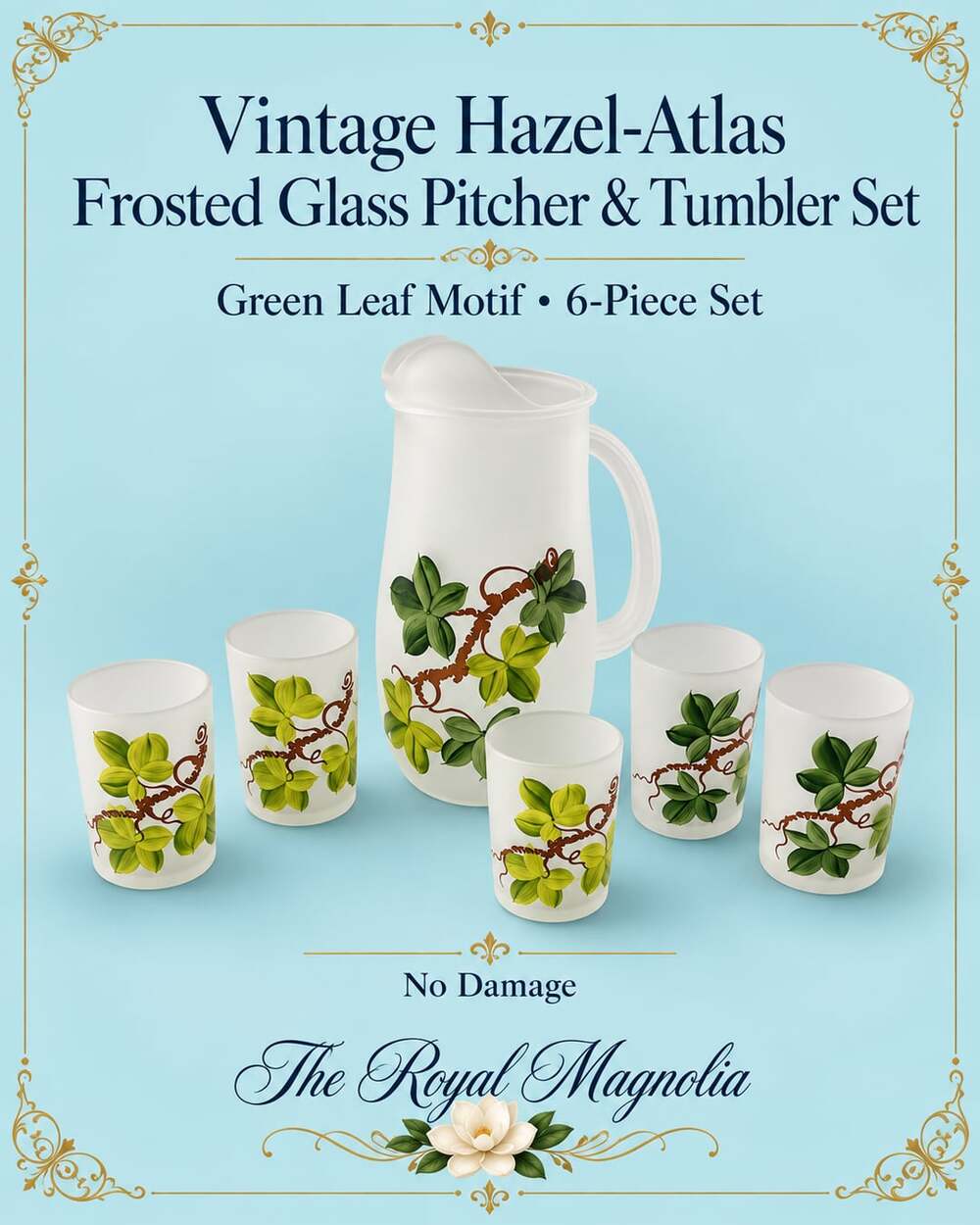 Hazel-Atlas Frosted Glass Pitcher & Tumbler Set Green Leaf Motif
